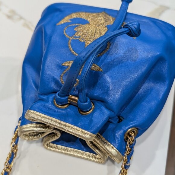 Vtg L.J. Simone New York Blue Leather Mini Drawstring Bucket Bag Crossbody Bag - Picture 3 of 16